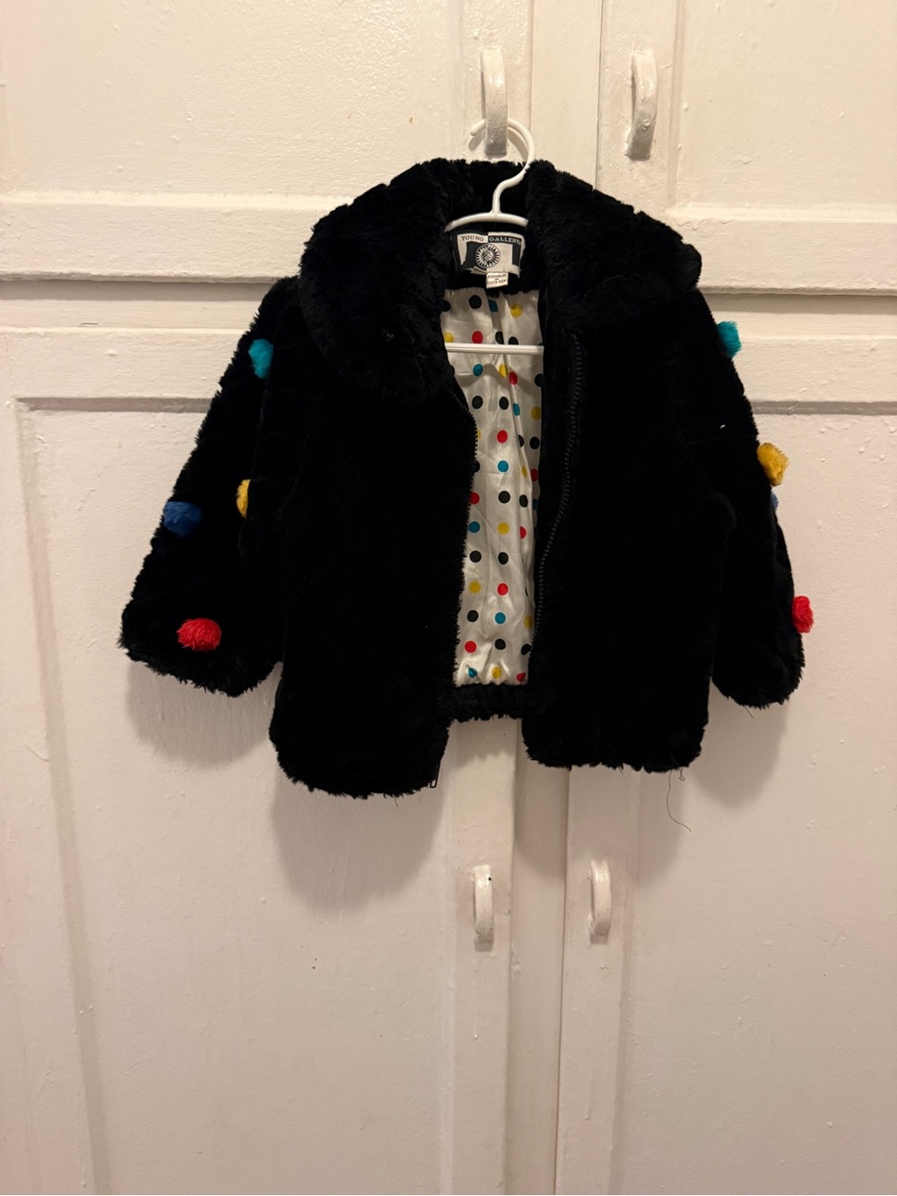 Gallery Black Faux Fur Kids Puffer Jacket with Multicolor Pom Accents
